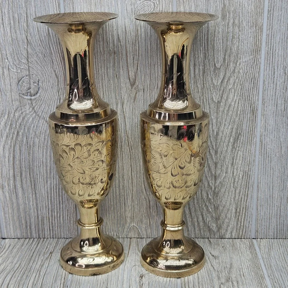 Vintage 11.5" Etched Brass Vases Pair Hand Crafted Floral Design Made in India - Picture 2 of 9